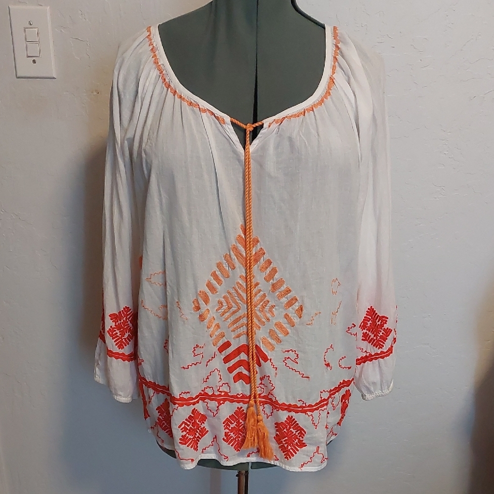 Sundance embroidered white and orange top